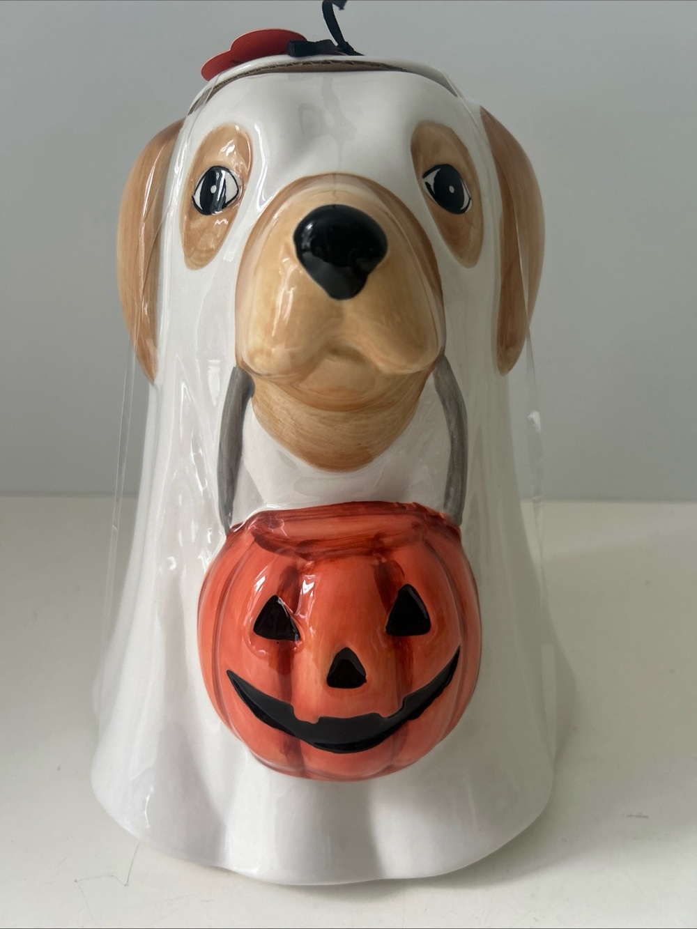 Dog Halloween Cookie Jar White and Orange Ceramic Pup NEW